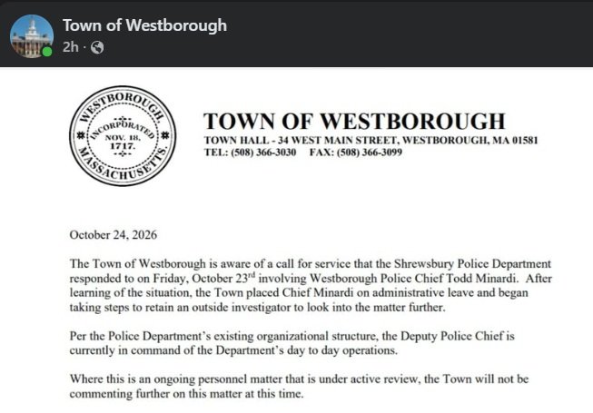 Westborough police chief placed on leave after Shrewsbury call